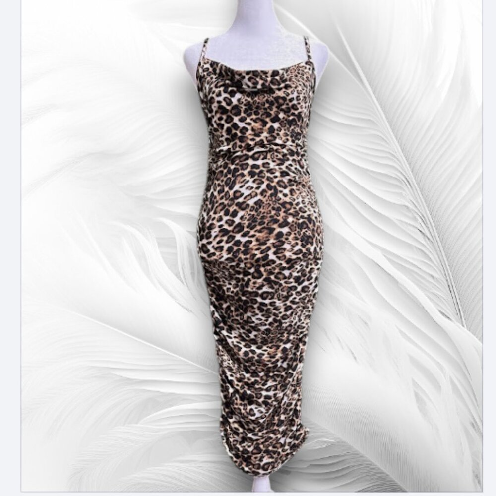Leopard Print Ruched Bodycon Midi Dress Spaghetti Strap Cowl Neck S